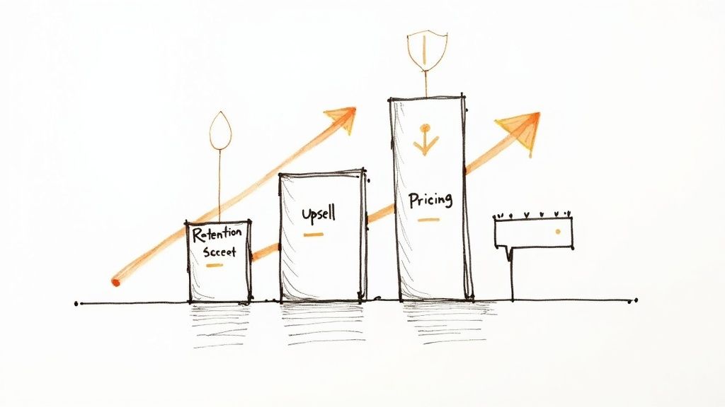 Diagram with bar chart illustrating business growth through retention, upsell, and pricing strategies.
