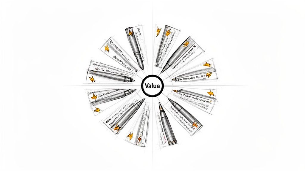 Conceptual diagram illustrating 'Value' surrounded by numerous bullet-shaped elements containing text and lightning bolts.