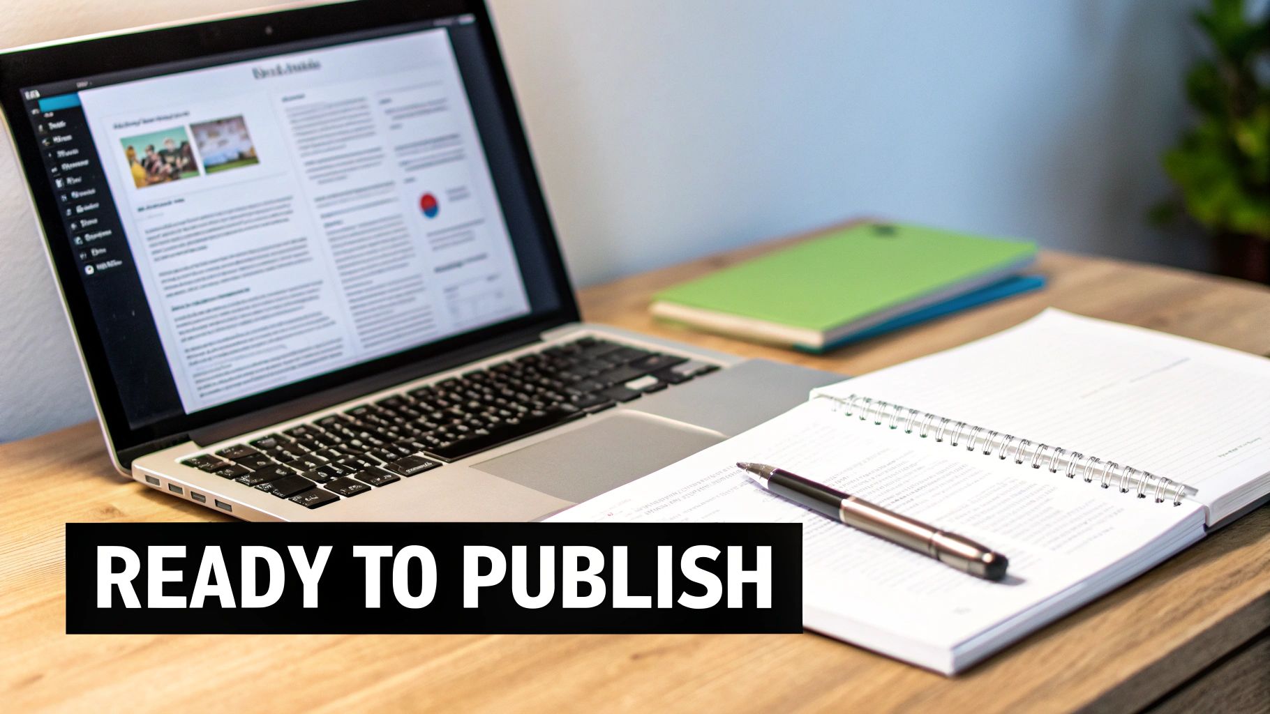 A laptop displaying a blog post on a wooden desk with an open notebook and pen, ready to publish.
