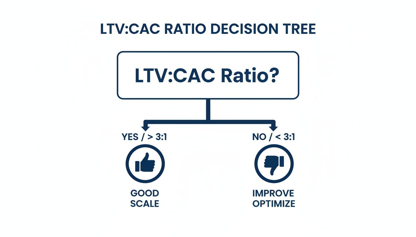 A decision tree illustrating the LTV:CAC ratio, guiding businesses to scale if >3:1 or improve if <3:1.