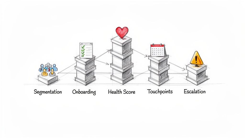 A hand-drawn diagram illustrating a five-step customer success strategy: segmentation, onboarding, health score, touchpoints, and escalation.