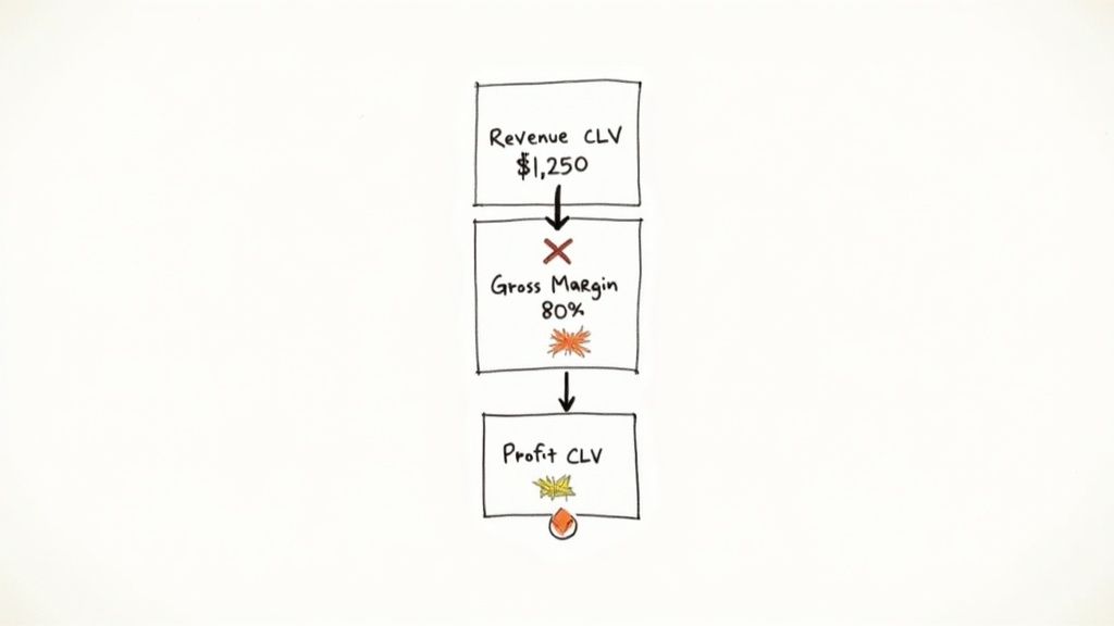Flowchart illustrating the calculation of profit customer lifetime value from revenue CLV and gross margin.