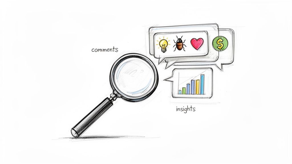 A magnifying glass analyzes comments, revealing insights like ideas, bugs, sentiment, money, and data.
