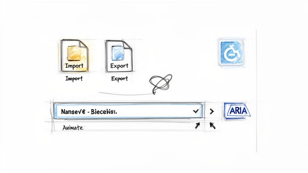 Hand-drawn UI sketch illustrating import and export functions, a dropdown menu, and an ARIA button.