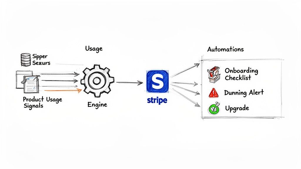 A diagram illustrates product usage signals flowing into an engine, processed by Stripe for automations like onboarding and upgrades.