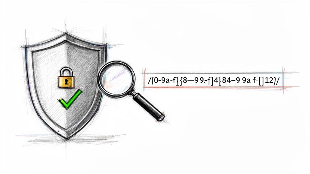A shield with a padlock and checkmark, next to a magnifying glass inspecting a UUID regular expression, symbolizing secure validation.