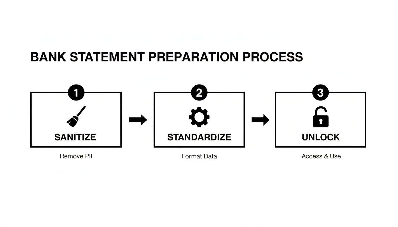 Workflow diagram illustrating the bank statement preparation process including sanitization, standardization, and unlocking.