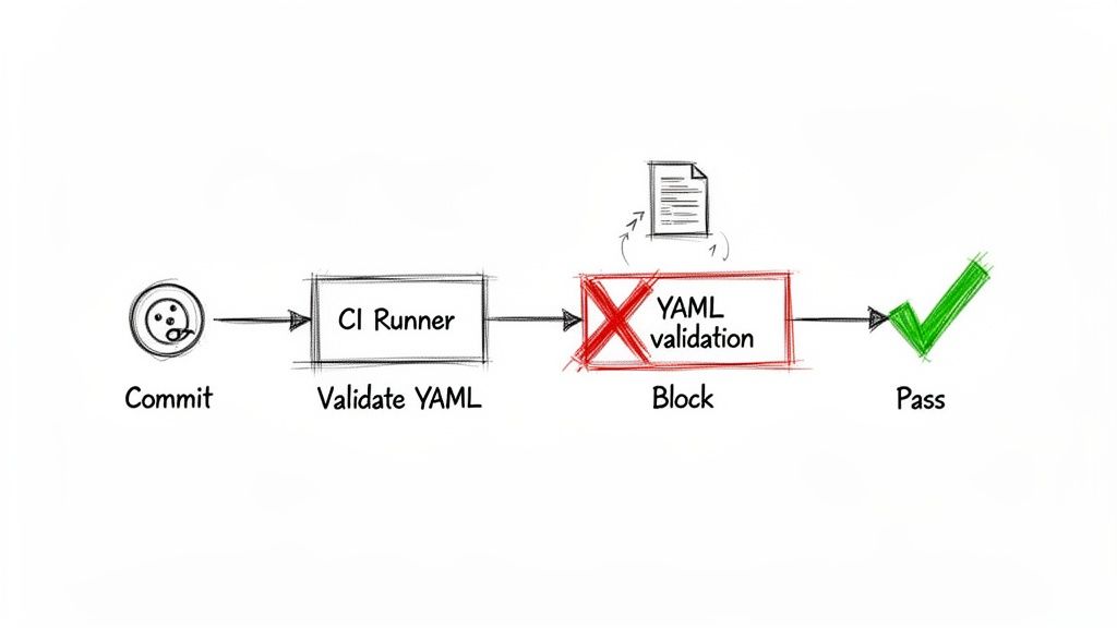 A diagram illustrates a CI/CD workflow, showing commit, CI runner for YAML validation, leading to either block or pass.