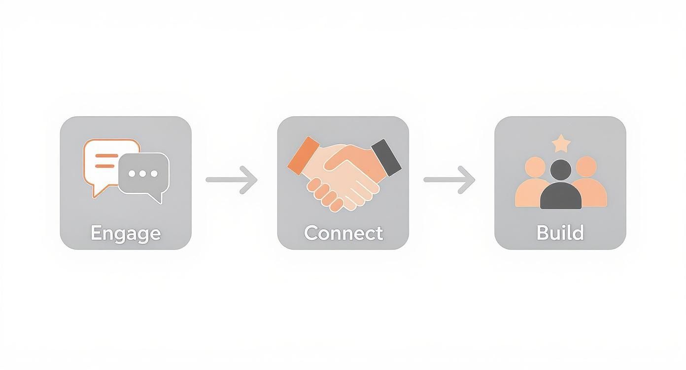 An infographic illustrating a three-step process: Engage (chat bubbles), Connect (handshake), Build (people with a star), using icons and arrows.