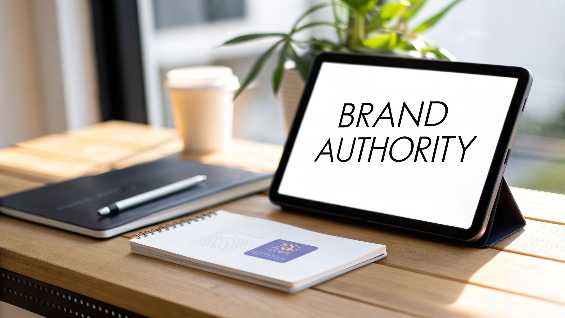 A tablet displaying "BRAND AUTHORITY" on a wooden desk with notebooks, a pen, and a coffee cup.