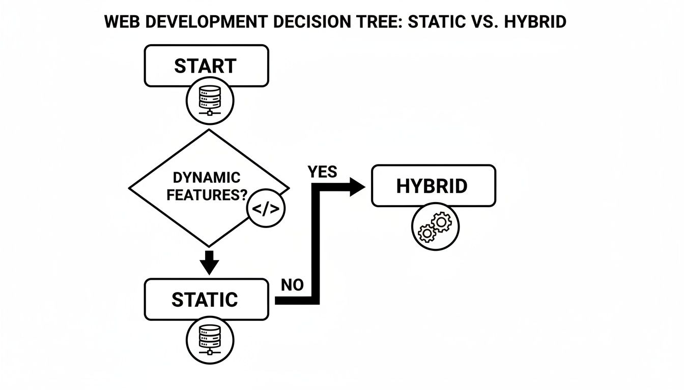 Web development decision tree illustrating the choice between static and hybrid websites based on dynamic features.