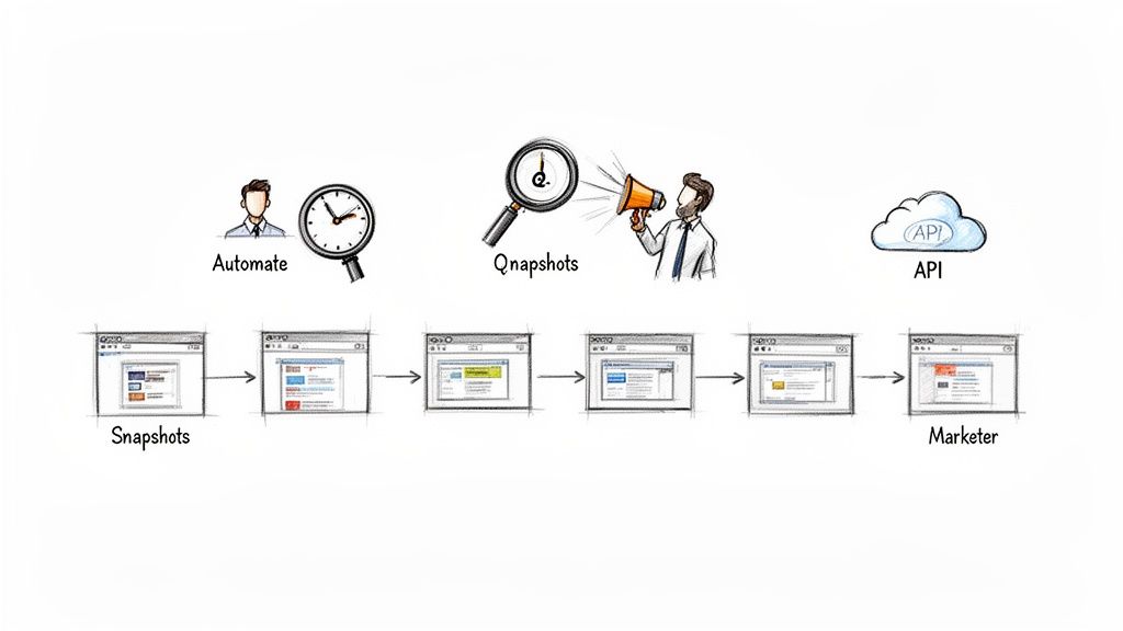 Visual flow of website snapshots, automation, Qsnapshots analysis, and API integration for marketers.