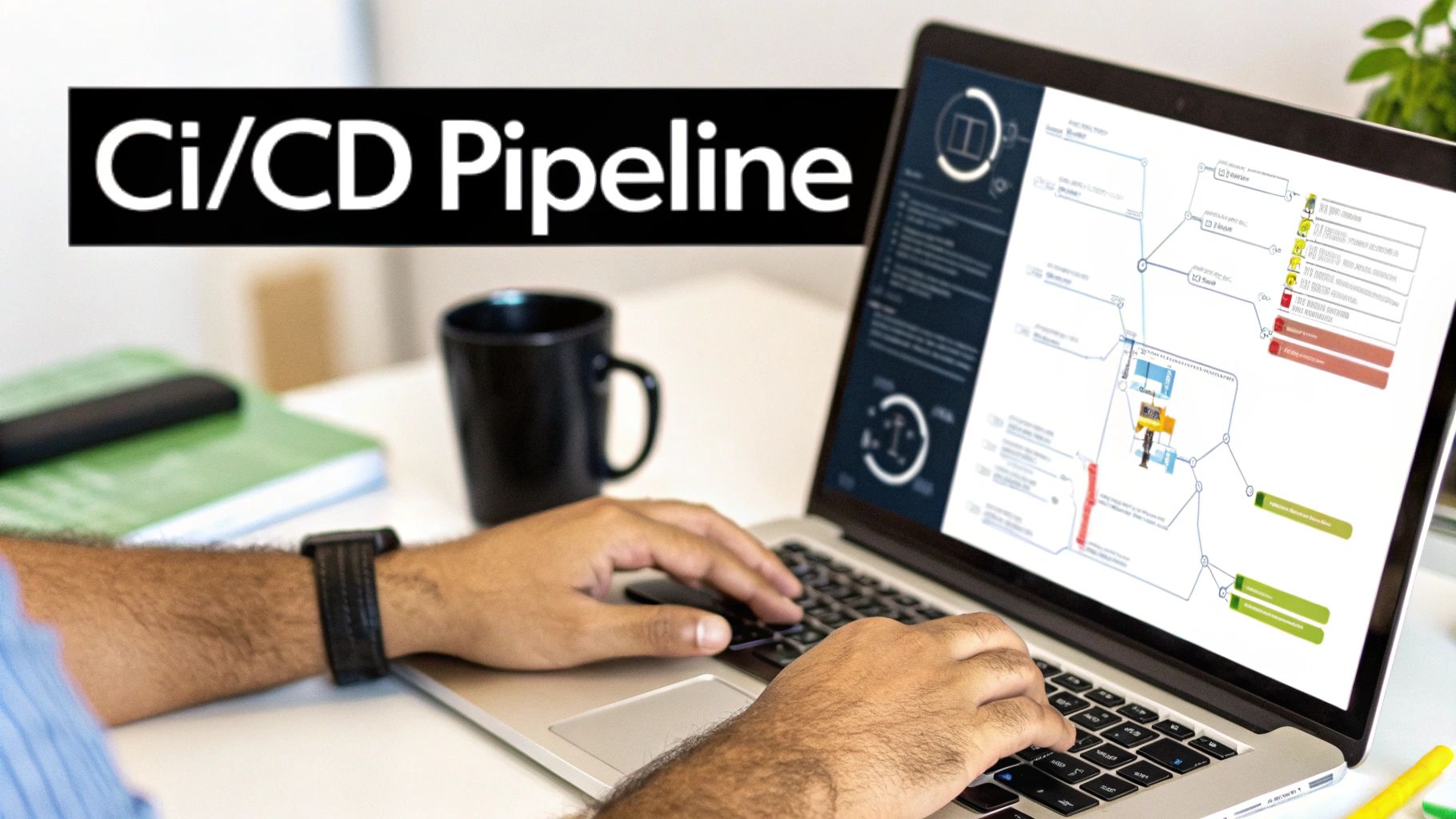 A person typing on a laptop displaying a complex CI/CD Pipeline diagram.