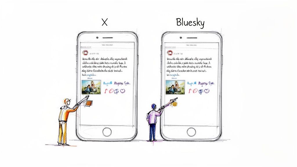 Illustration comparing X and Bluesky social media platforms on smartphones with two figures.