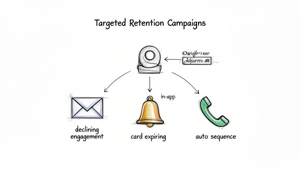 Diagram illustrating targeted retention campaigns: email for declining engagement, in-app for card expiring, and phone for auto sequence.
