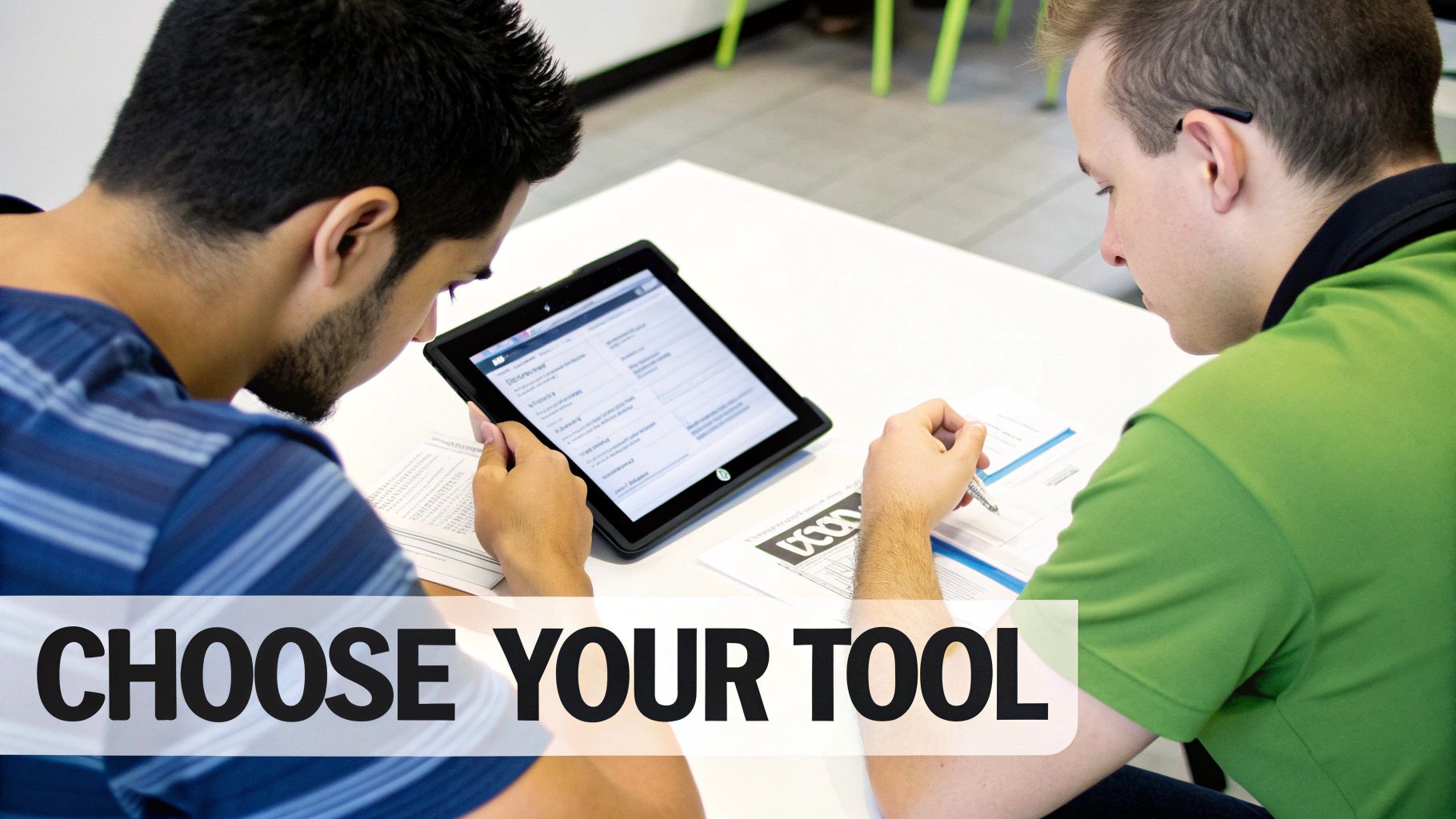 Two students collaborate at a desk, one using a tablet and the other writing with pen and paper.