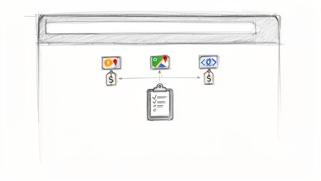 Hand-drawn sketch of a browser window showing a checklist connecting to map and code icons, some with price tags.