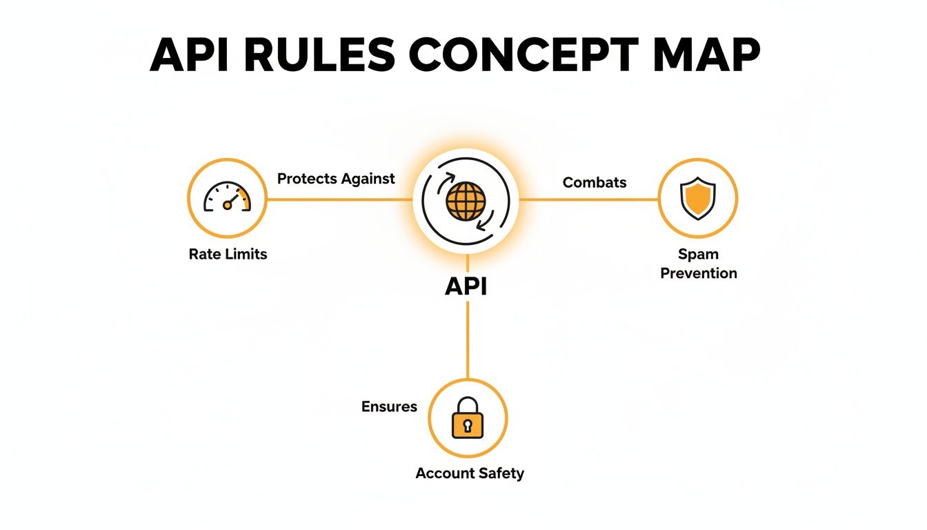 A concept map illustrating API rules, showing how API protects against rate limits, combats spam, and ensures account safety.