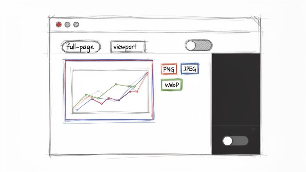 A sketch of a web browser interface with full-page/viewport screenshot options and image formats like PNG, JPEG, WebP.