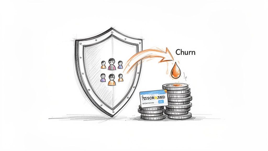 A sketch of a shield protecting customers from churn, illustrating revenue protection.