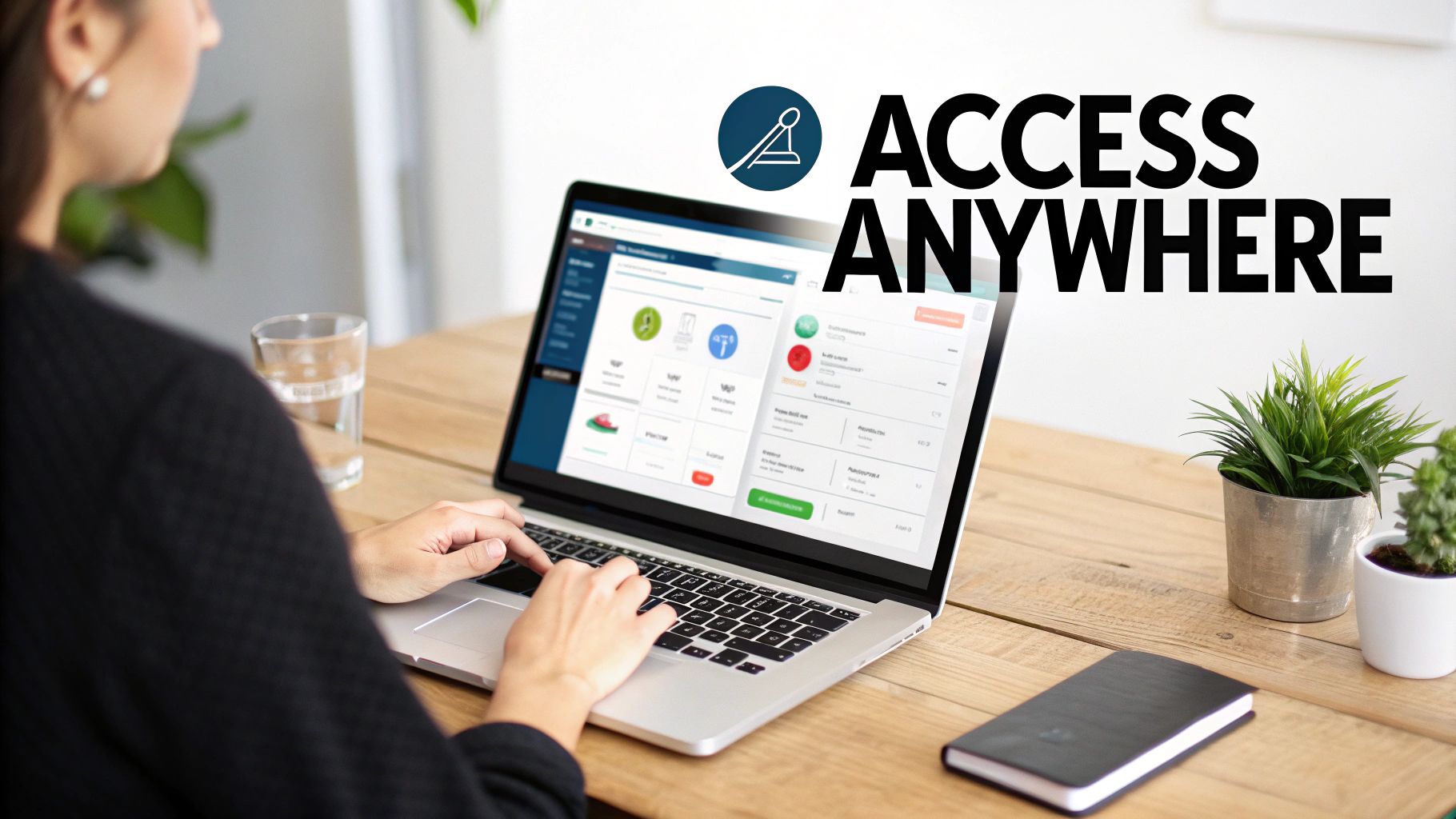 Person typing on a laptop displaying a cloud-based content management system dashboard with 'ACCESS ANYWHERE'.