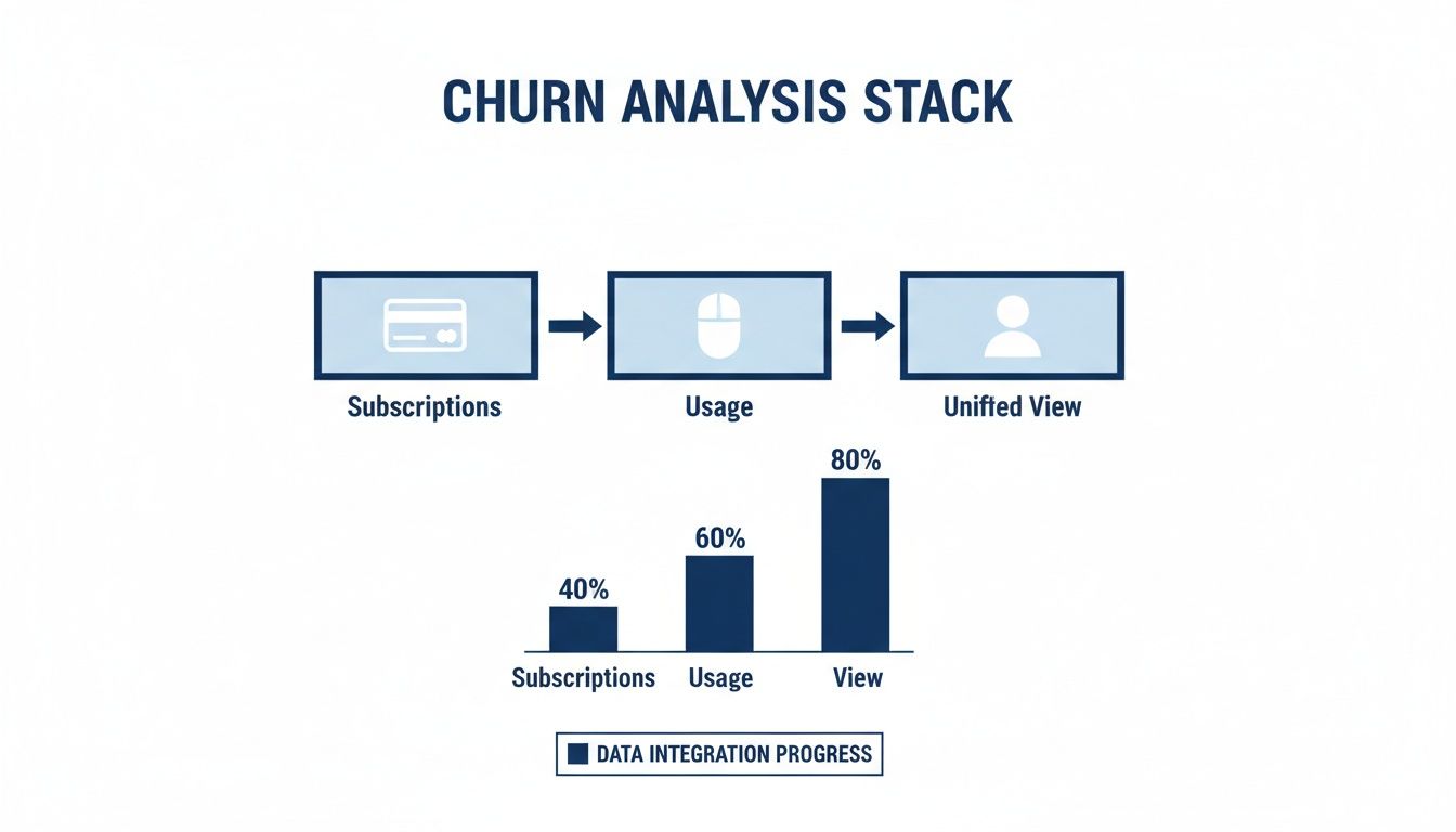 Diagram illustrating the churn analysis stack, showing data integration progress from subscriptions to a unified view.