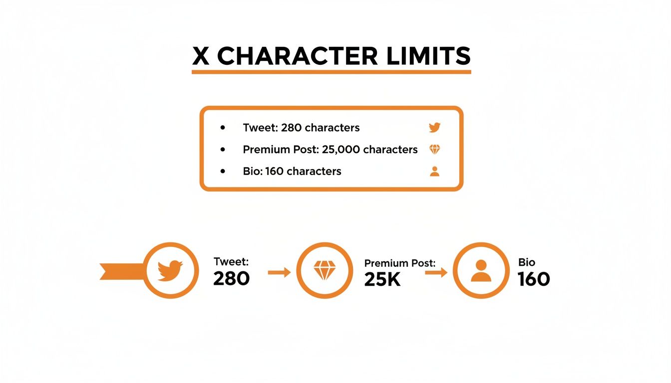 Infographic detailing character limits for X (Twitter) features: Tweet, Premium Post, and Bio.