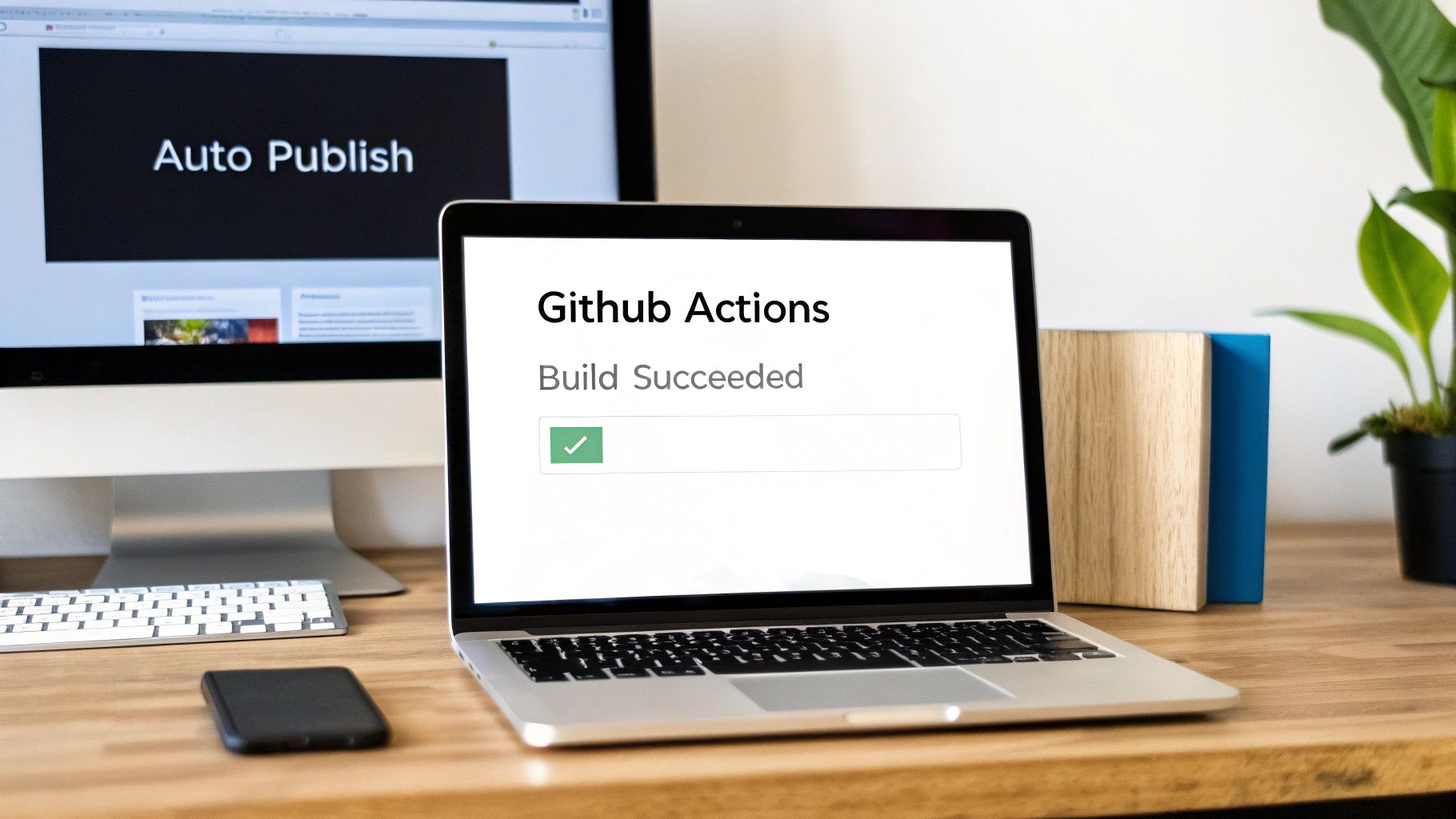 A modern desk setup with a monitor displaying 'Auto Publish' and a laptop showing 'Github Actions Build Succeeded'.