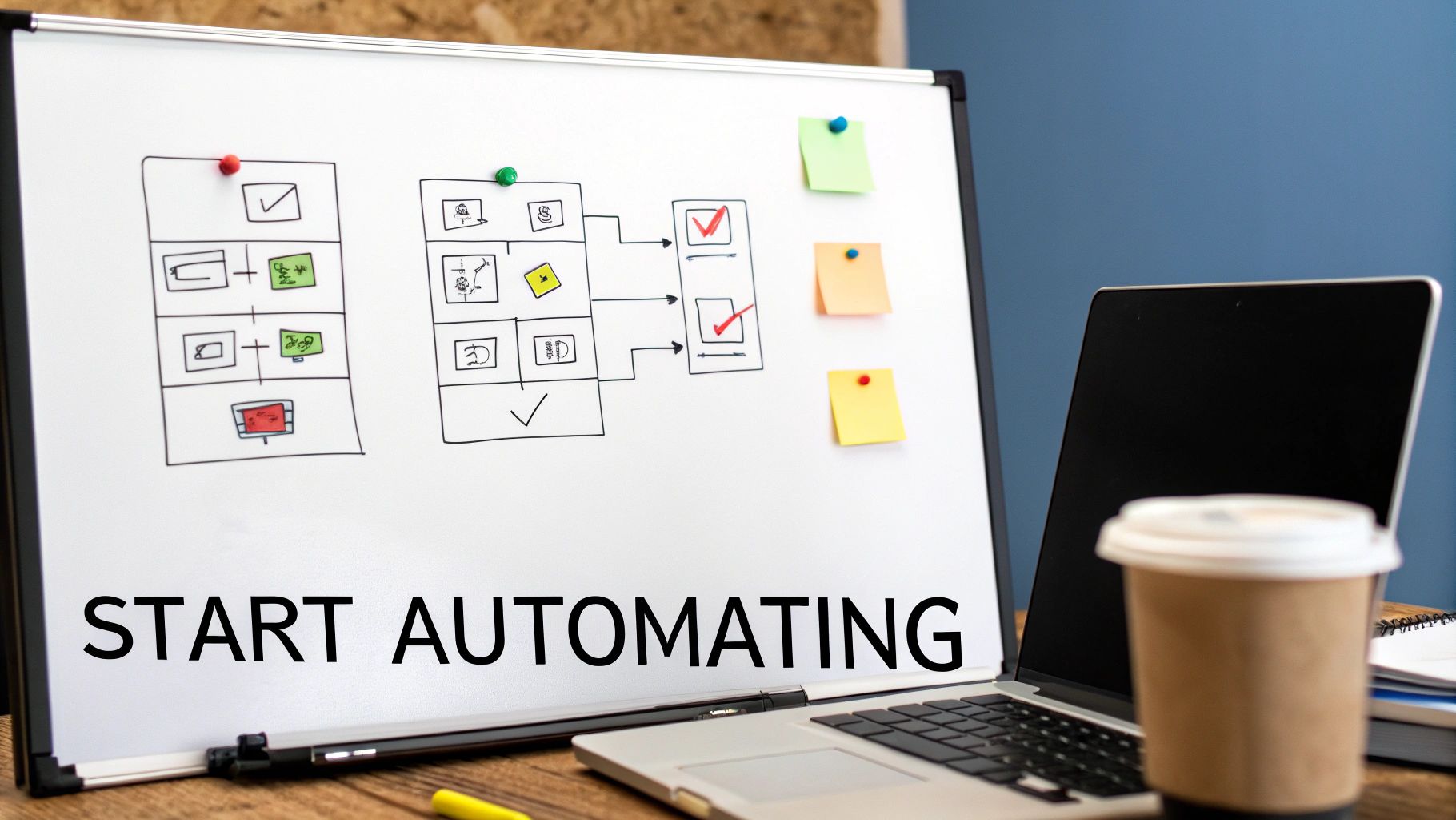 Whiteboard with 'START AUTOMATING' text, a process flowchart, laptop, and coffee cup.