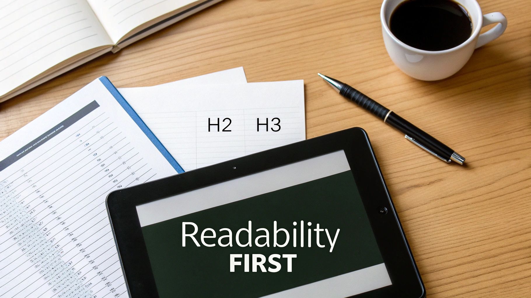 Flat lay of a desk with a tablet showing 'Readability FIRST', an open notebook, and formatting papers.