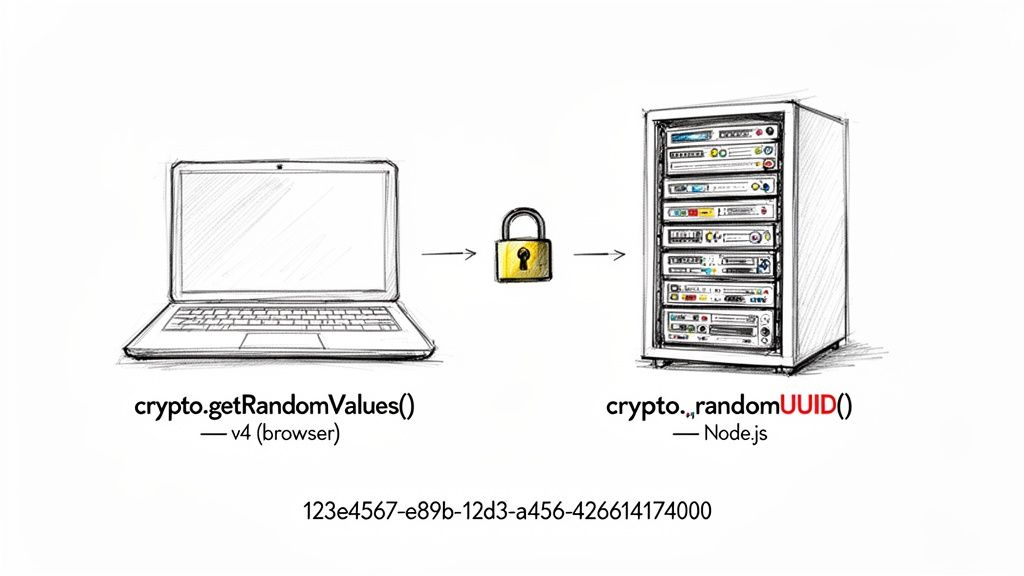 Diagram illustrating UUID generation methods in browser and Node.js with a security lock.