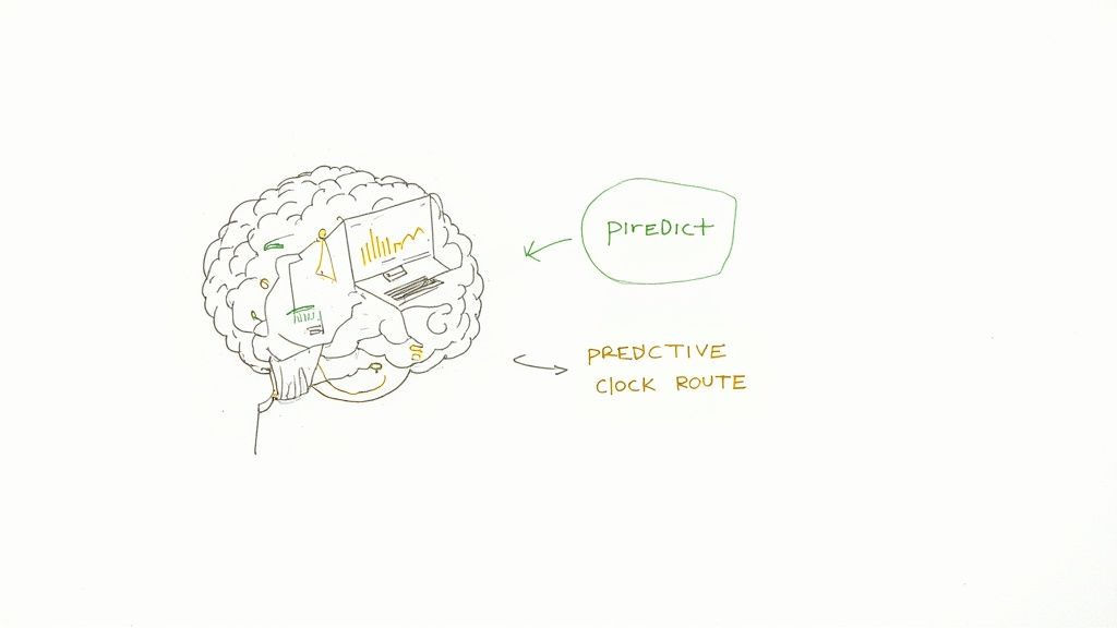 Conceptual diagram of a brain with a laptop displaying data, linked to 'PireDict' and 'Predictive Clock Route'.
