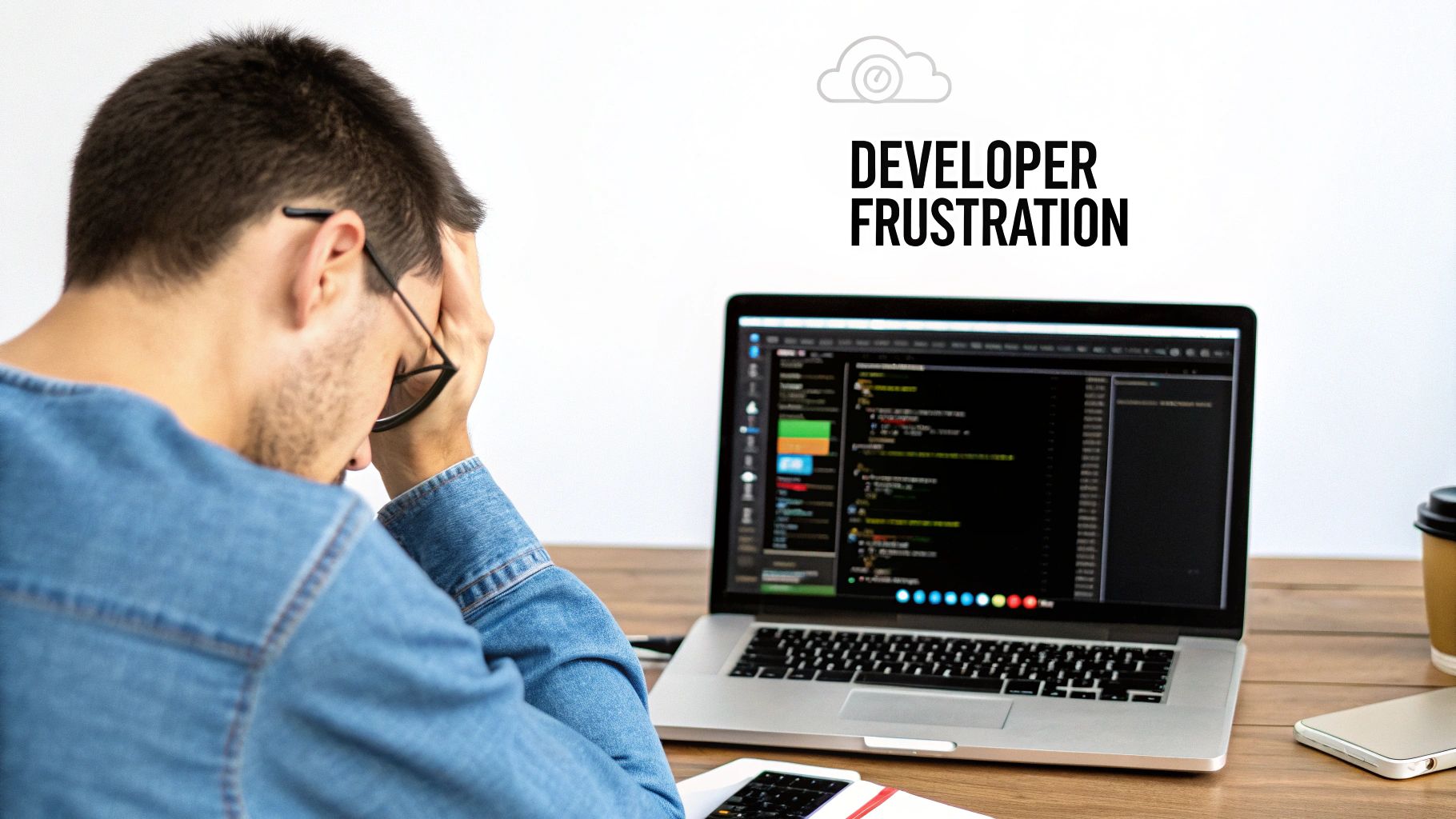 A frustrated developer holds his head while looking at code on a laptop, signifying stress.