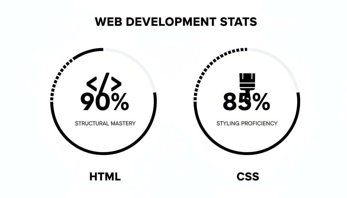 Web development stats showing 90% HTML structural mastery and 85% CSS styling proficiency.