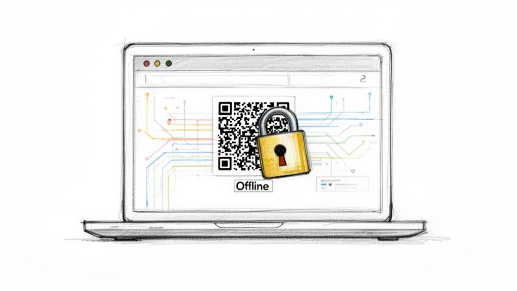 Sketch of a laptop screen displaying a QR code, a padlock, and 'Offline' text, representing secure offline access.