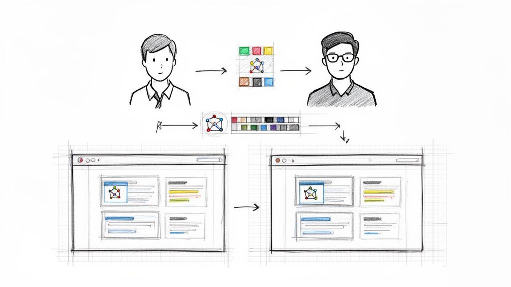 Hand-drawn diagram illustrating a design system workflow, from user input and color palettes to website UI updates.