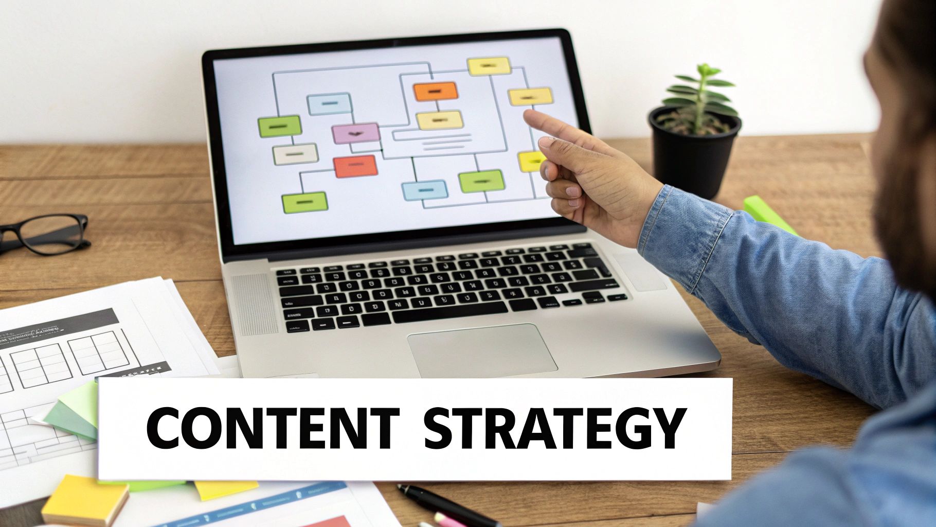 A person points to a laptop displaying a content flowchart. On a wooden desk, documents and a card reading 'CONTENT STRATEGY' are visible.
