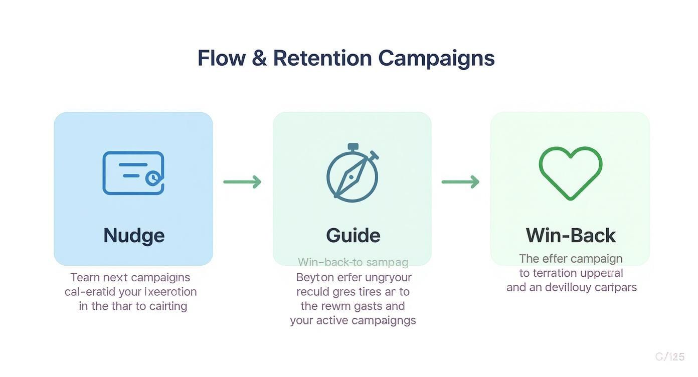 Diagram illustrating Flow & Retention Campaigns: Nudge, Guide, and Win-Back stages with descriptions.