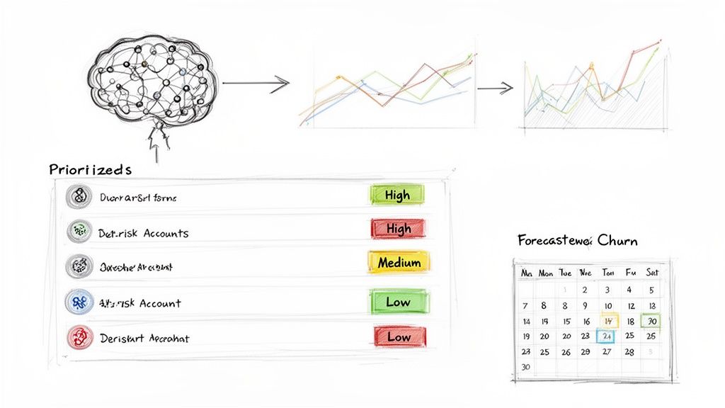 AI diagram visualizing data analysis, customer account prioritization with risk levels, and a churn forecast calendar.