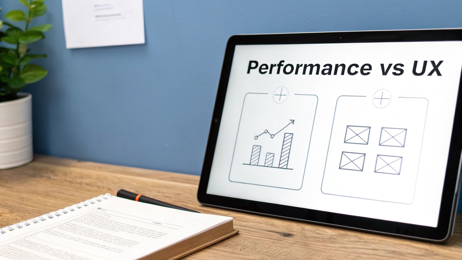 A tablet on a wooden desk displays 'Performance vs UX' with charts and design elements.