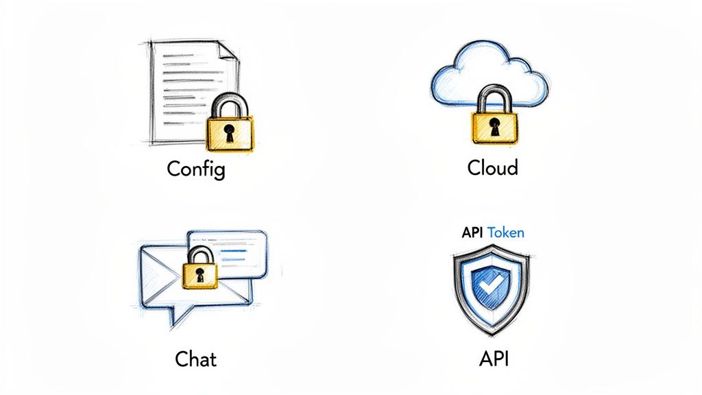 Illustrations of secured digital assets: configuration files, cloud data, chat messages, and API tokens.