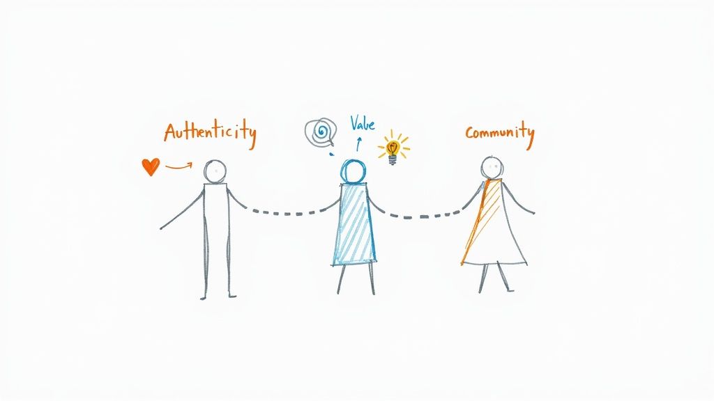 Illustration showing Authenticity, Value, and Community represented by three interconnected stick figures.