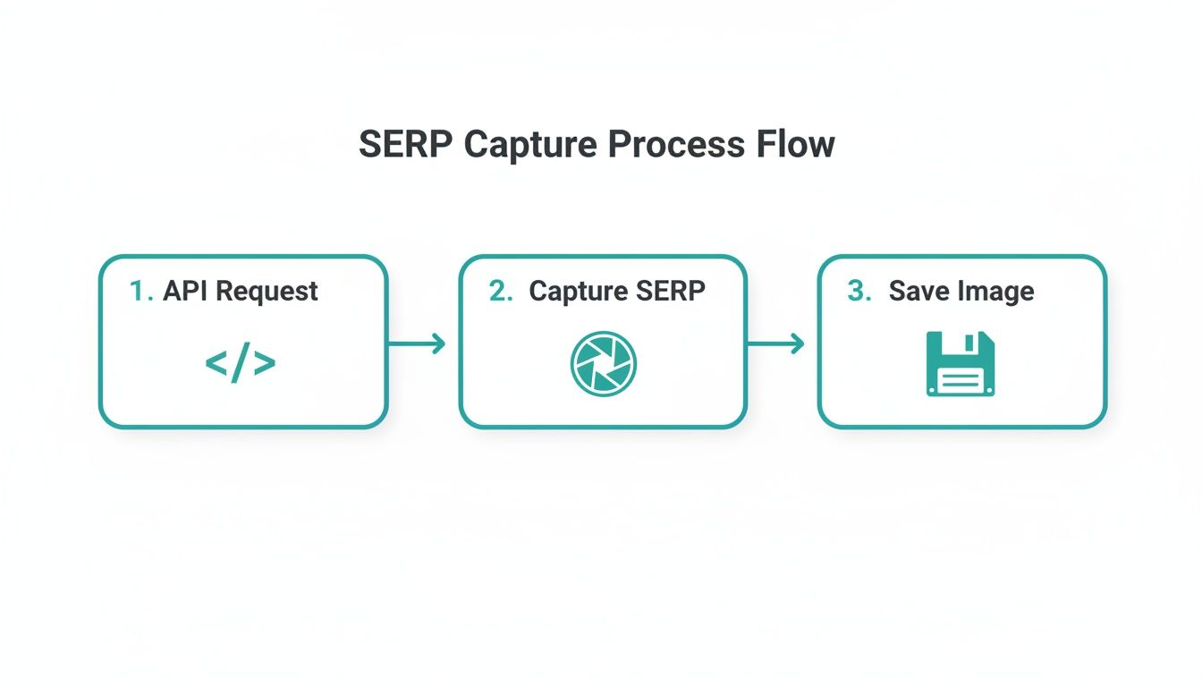 Flowchart illustrating the SERP capture process, showing steps from API request to capturing SERP and saving the image.