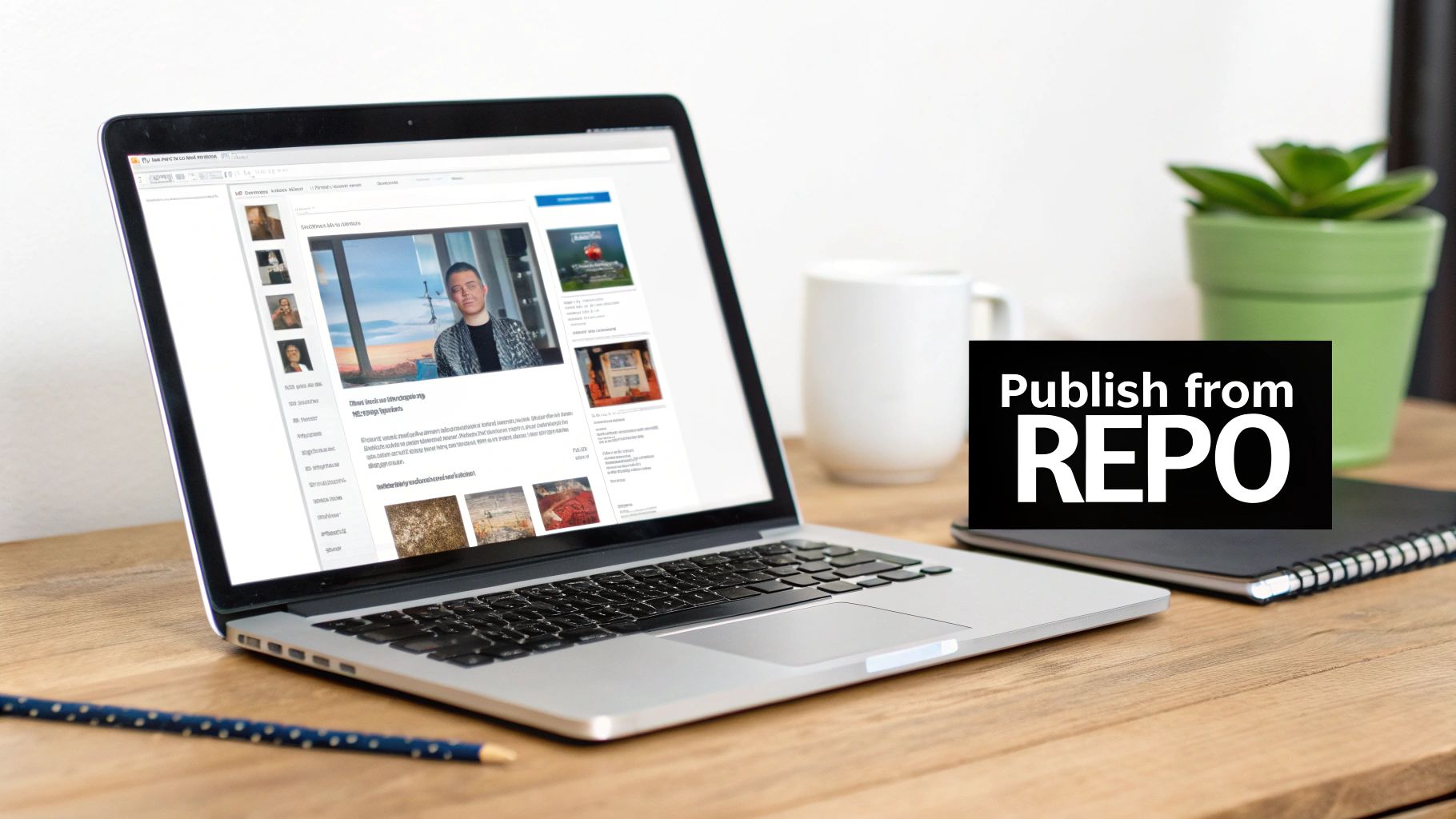 A laptop displaying a website on a wooden desk, with a 'Publish from REPO' overlay, notebook, and plant.