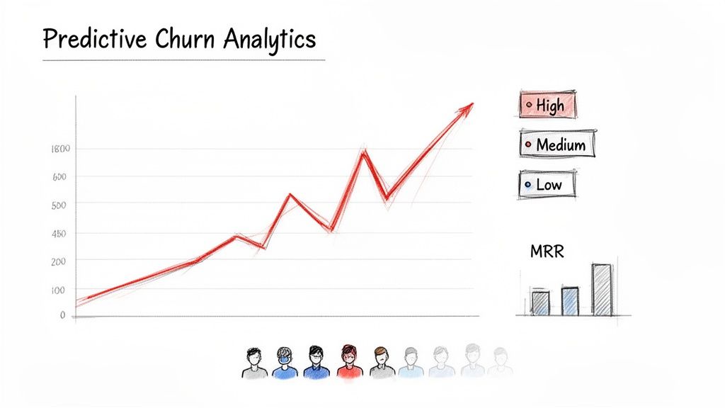 A predictive churn analytics dashboard displaying a line graph, MRR bar chart, and customer risk levels.
