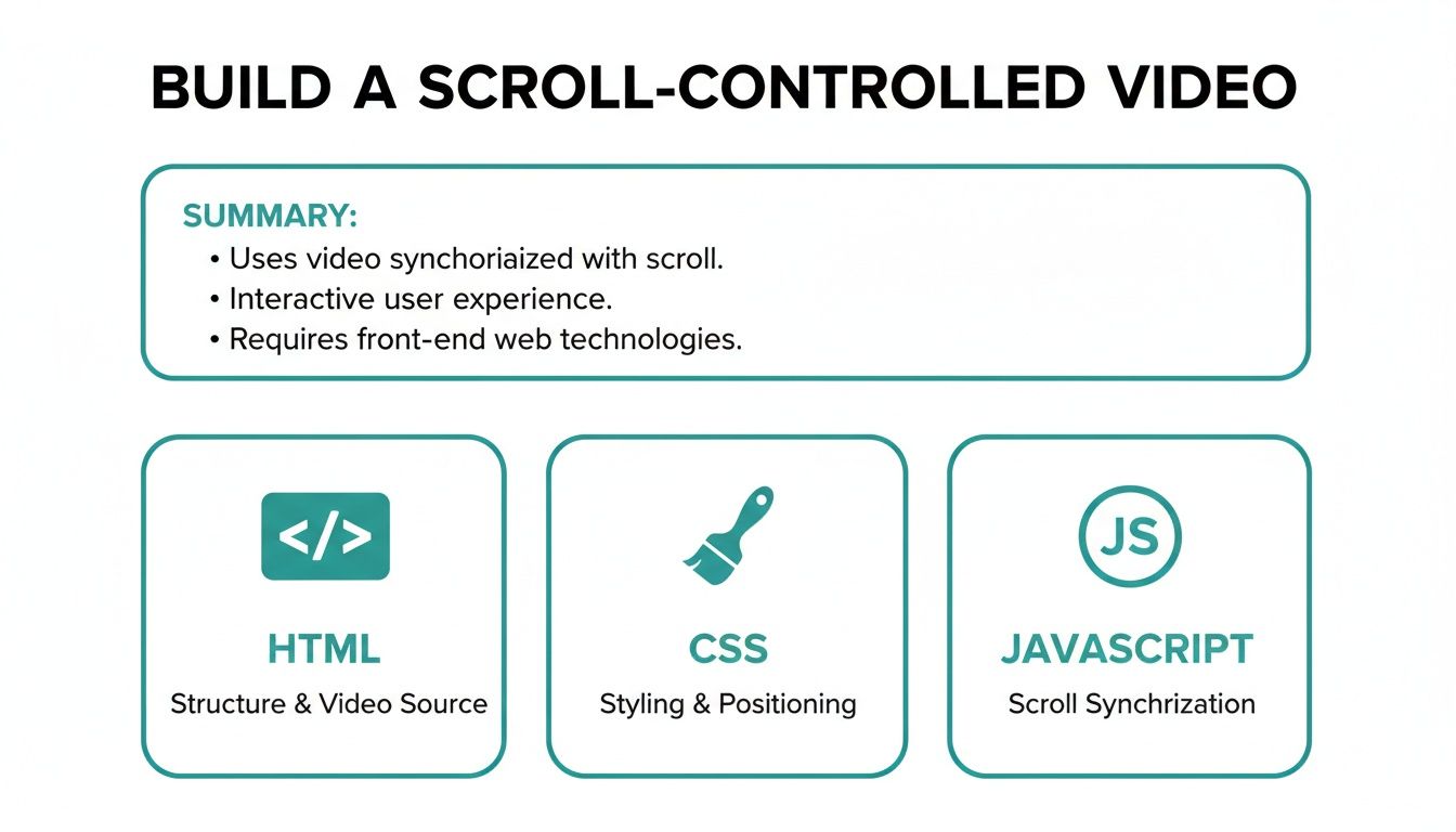 Diagram explaining how to build a scroll-controlled video using HTML, CSS, and JavaScript.
