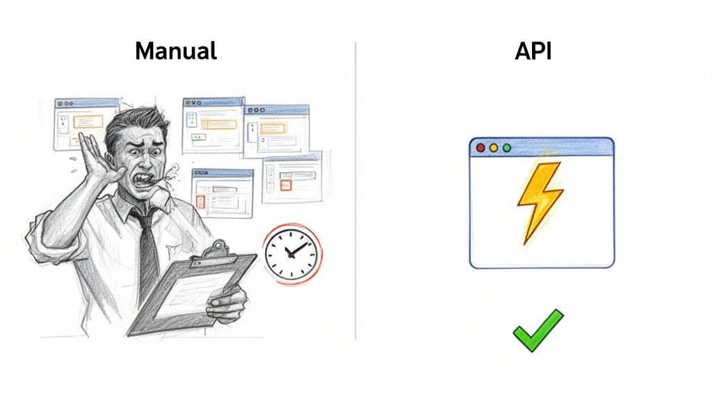 Illustration contrasting a frustrated person doing manual tasks with fast, efficient API automation.