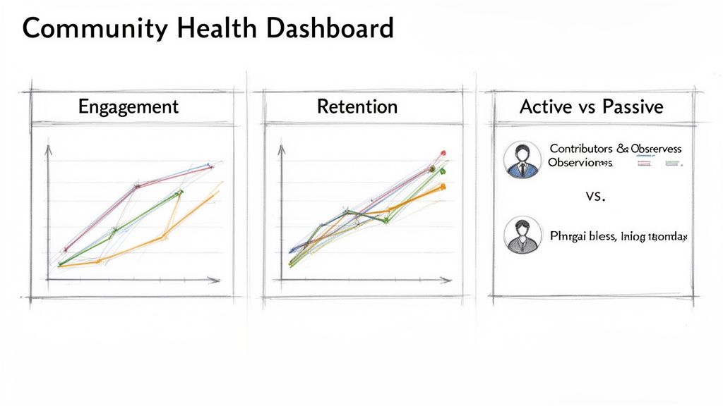Sketch of a Community Health Dashboard, featuring engagement, retention graphs, and active vs. passive user metrics.