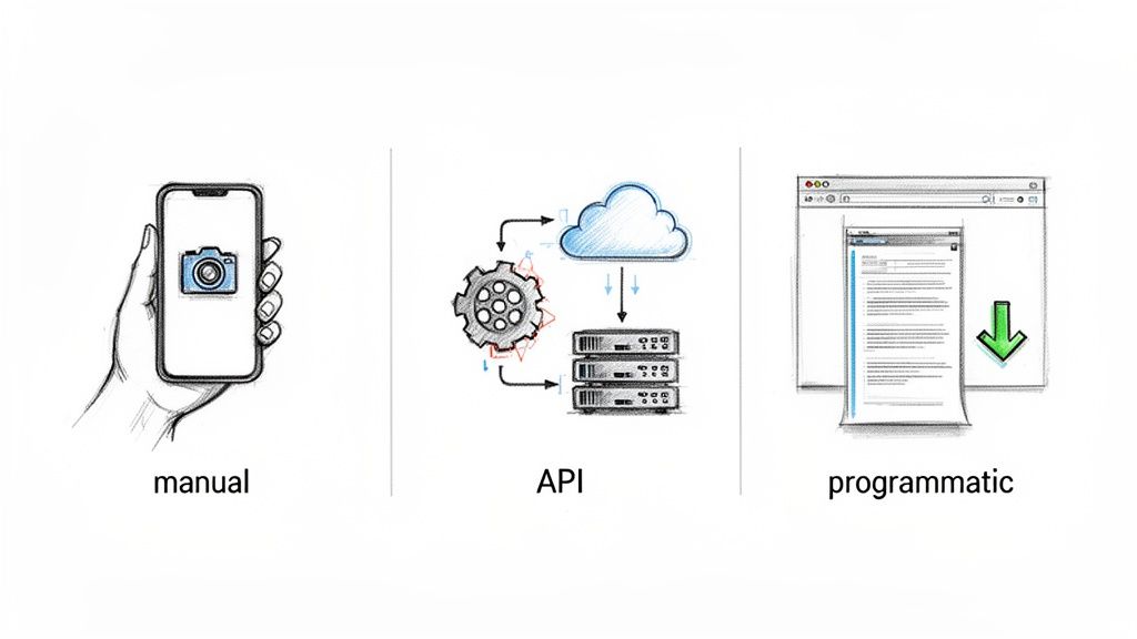Three illustrations showing manual interaction via a phone, data flow through an API, and programmatic document download.