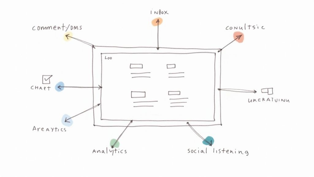 Hand-drawn diagram illustrating a central 'Loo' system with inputs like comments, inbox, analytics, and social listening.